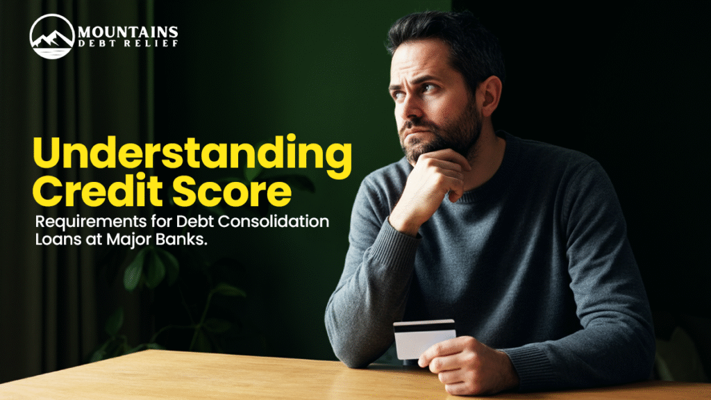 Man holding credit card, thinking about credit score for debt consolidation loan – Mountains Debt Relief